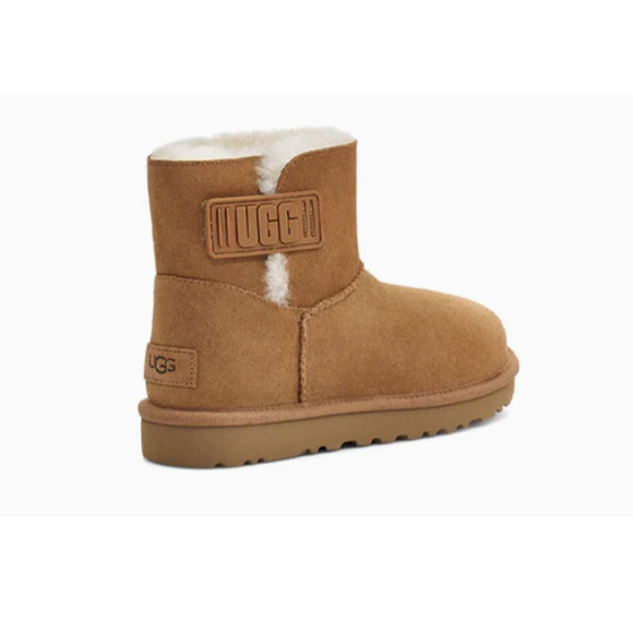 NEW UGG Mini Bailey Logo Strap Boots Chestnut Sz 7 Women's Fur 1123621 - Picture 3 of 6